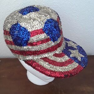 American Flag Hat Sequin Ball Cap Stars Stripes USA Bling Patriotic One Size